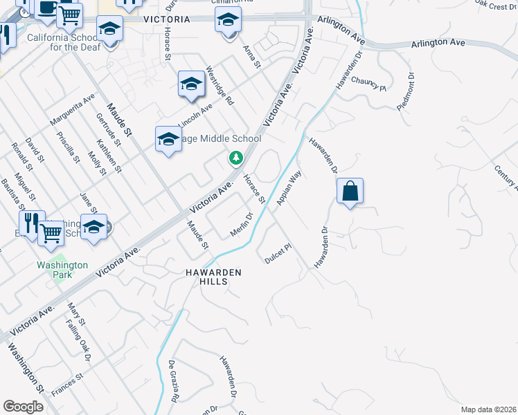 map of restaurants, bars, coffee shops, grocery stores, and more near 6360 Merlin Drive in Riverside