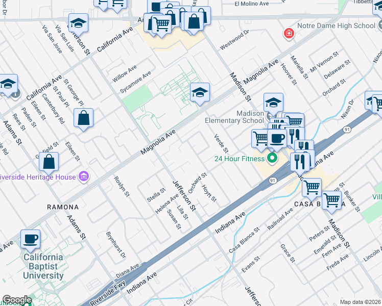 map of restaurants, bars, coffee shops, grocery stores, and more near 7847 Los Arboles Place in Riverside