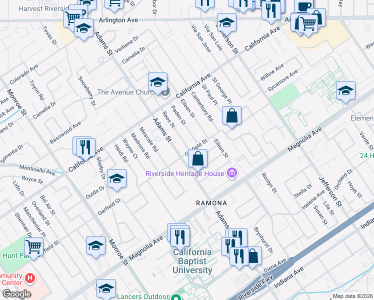 map of restaurants, bars, coffee shops, grocery stores, and more near 8273 Janis Street in Riverside