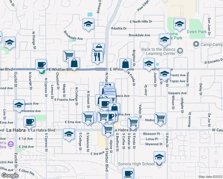 map of restaurants, bars, coffee shops, grocery stores, and more near in La Habra
