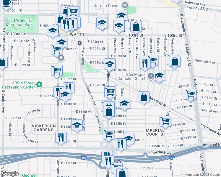 map of restaurants, bars, coffee shops, grocery stores, and more near 10959 Wilmington Avenue in Los Angeles