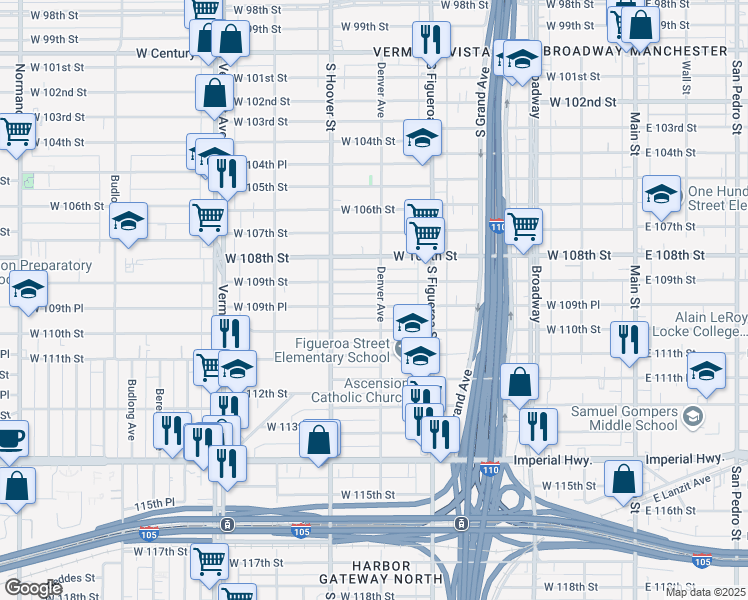 map of restaurants, bars, coffee shops, grocery stores, and more near 615 West 110th Street in Los Angeles