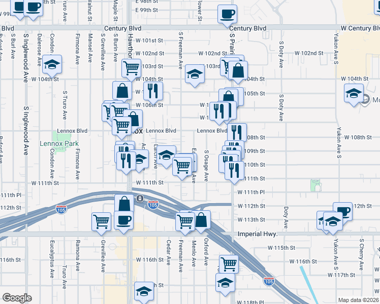 map of restaurants, bars, coffee shops, grocery stores, and more near 10936 Eastwood Avenue in Inglewood