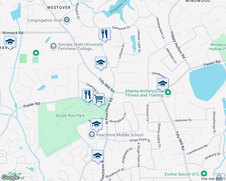 map of restaurants, bars, coffee shops, grocery stores, and more near 4821 North Peachtree Road in Dunwoody