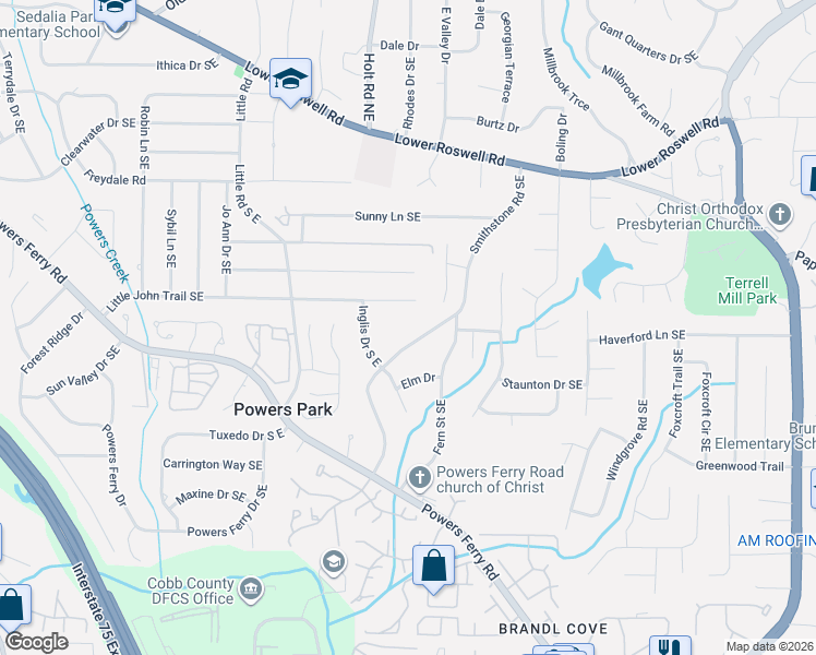map of restaurants, bars, coffee shops, grocery stores, and more near 670 Smithstone Road Southeast in Marietta