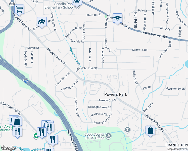 map of restaurants, bars, coffee shops, grocery stores, and more near 582 Harcourt Place Southeast in Marietta