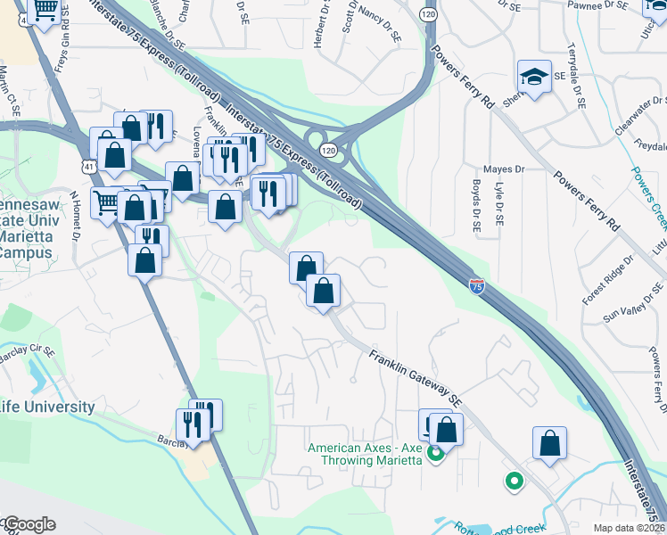 map of restaurants, bars, coffee shops, grocery stores, and more near 11 Rue Normandy in Marietta