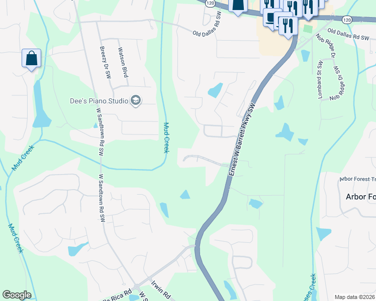 map of restaurants, bars, coffee shops, grocery stores, and more near 2730 Bolton Abbey Drive Southwest in Marietta