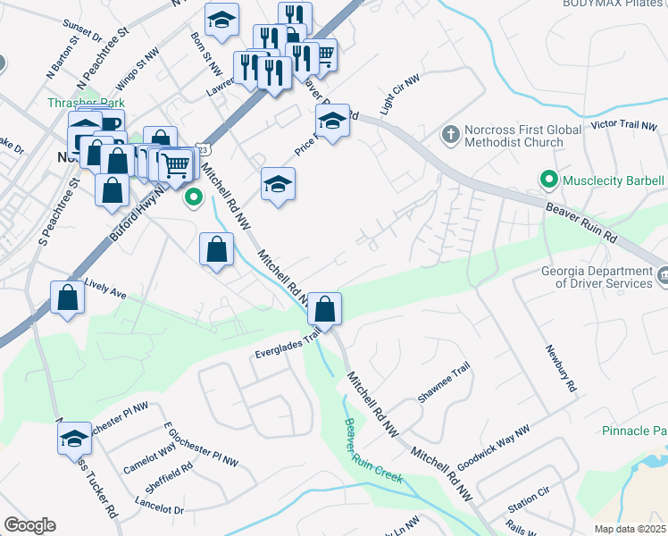 map of restaurants, bars, coffee shops, grocery stores, and more near 2595 Beaver Ruin Road in Norcross