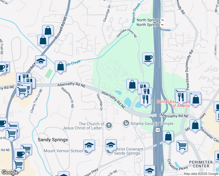map of restaurants, bars, coffee shops, grocery stores, and more near 598 Abernathy Road Northeast in Sandy Springs