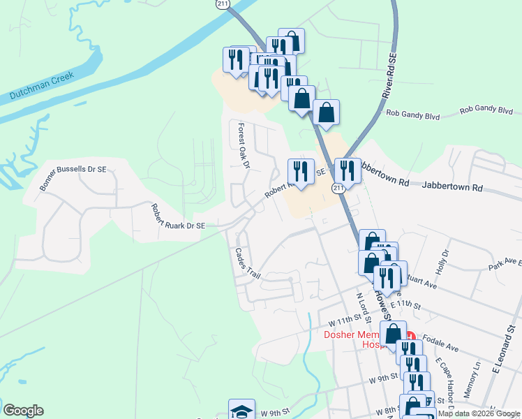 map of restaurants, bars, coffee shops, grocery stores, and more near 411 Cades Trail in Southport