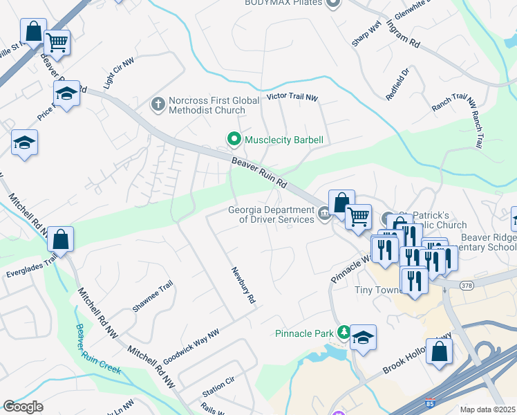 map of restaurants, bars, coffee shops, grocery stores, and more near 5288 Weyden Court in Norcross