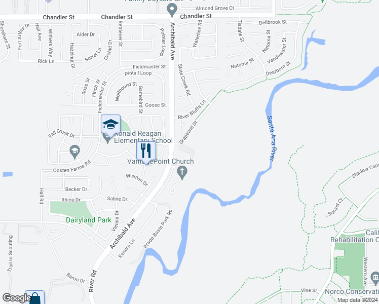 map of restaurants, bars, coffee shops, grocery stores, and more near 8312 Grapewin Street in Corona
