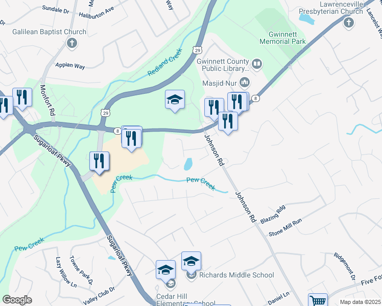 map of restaurants, bars, coffee shops, grocery stores, and more near 153 August West Way in Lawrenceville