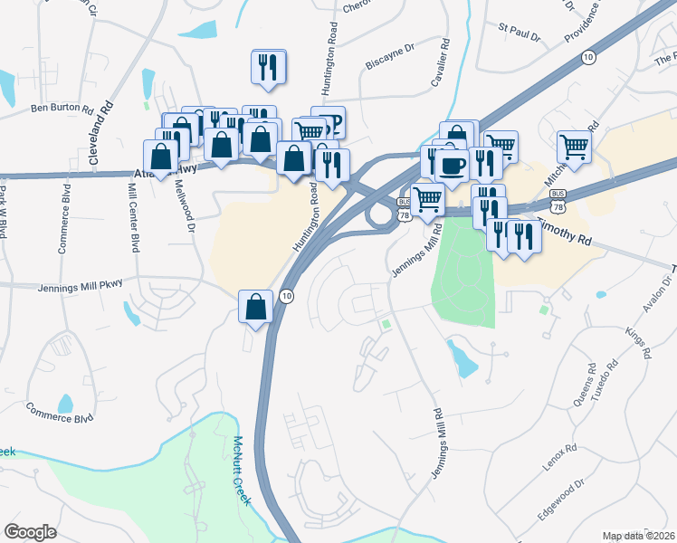 map of restaurants, bars, coffee shops, grocery stores, and more near 245 Westpark Dr in Athens