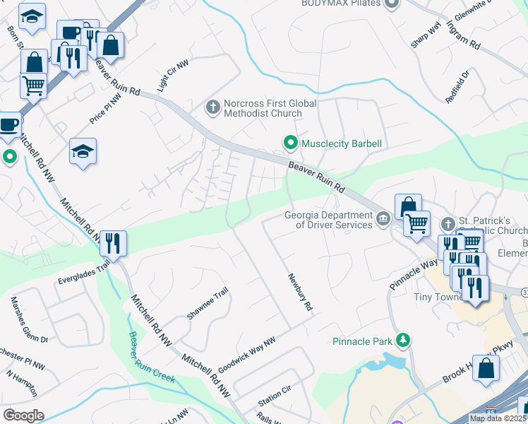 map of restaurants, bars, coffee shops, grocery stores, and more near 2278 Newbury Road in Norcross