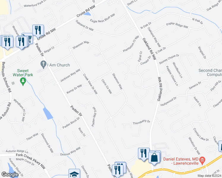 map of restaurants, bars, coffee shops, grocery stores, and more near 586 Chris Circle Northwest in Lawrenceville