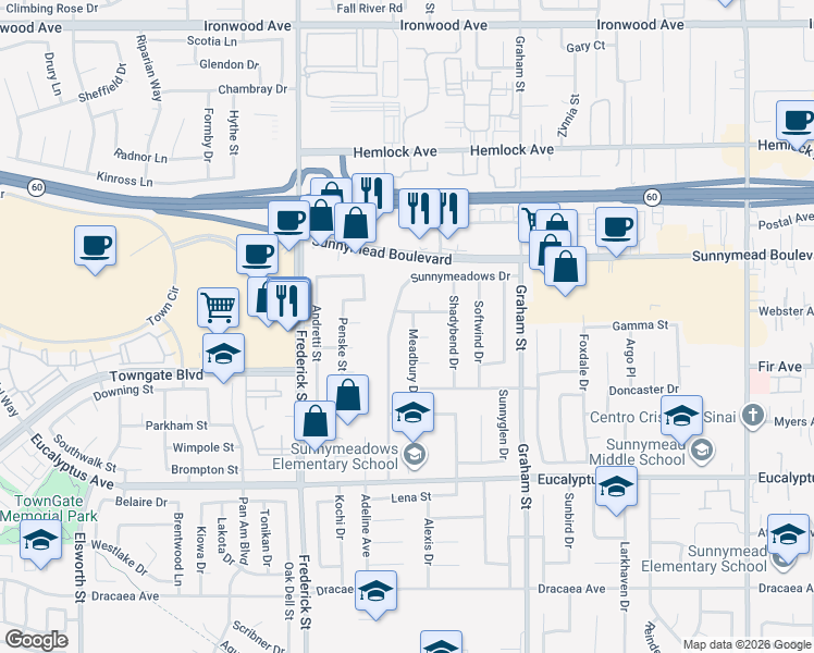 map of restaurants, bars, coffee shops, grocery stores, and more near 23285 Merrygrove Circle in Moreno Valley