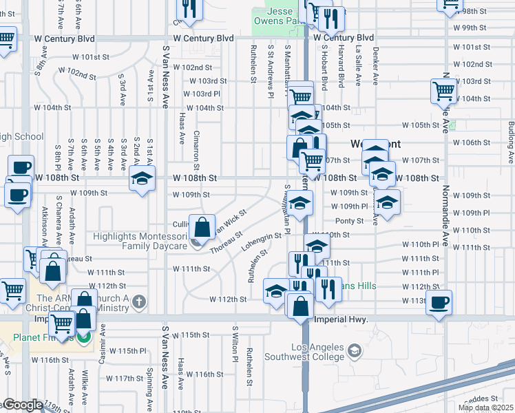 map of restaurants, bars, coffee shops, grocery stores, and more near 1935 Thoreau Street in Los Angeles