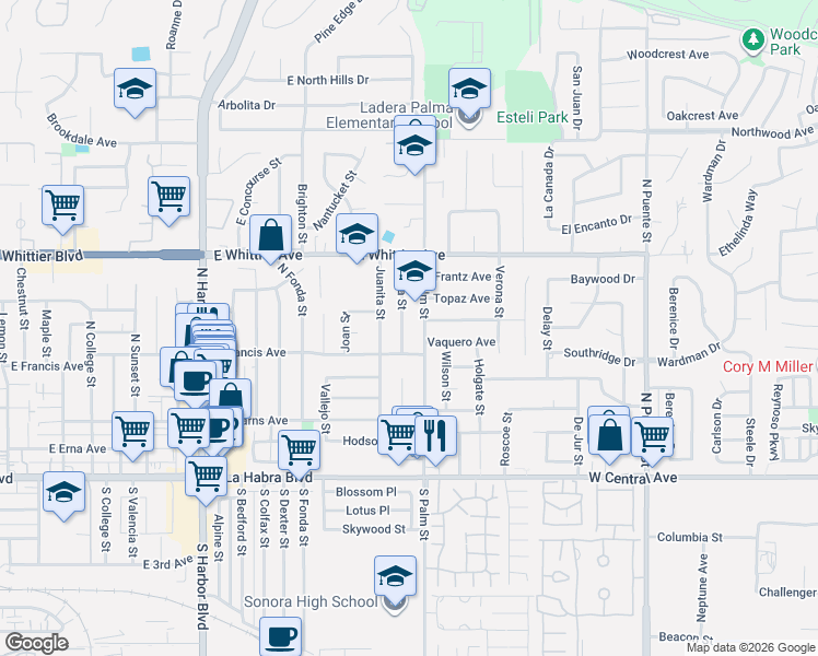 map of restaurants, bars, coffee shops, grocery stores, and more near 540 Laura Street in La Habra