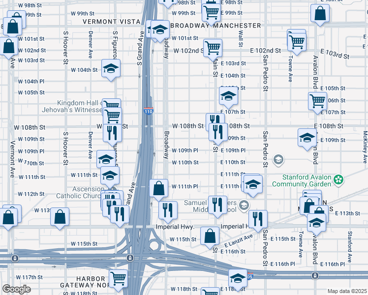 map of restaurants, bars, coffee shops, grocery stores, and more near 211 West 109th Place in Los Angeles