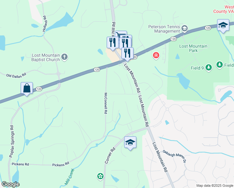 map of restaurants, bars, coffee shops, grocery stores, and more near 5121 Hillside Haven Drive Southwest in Powder Springs