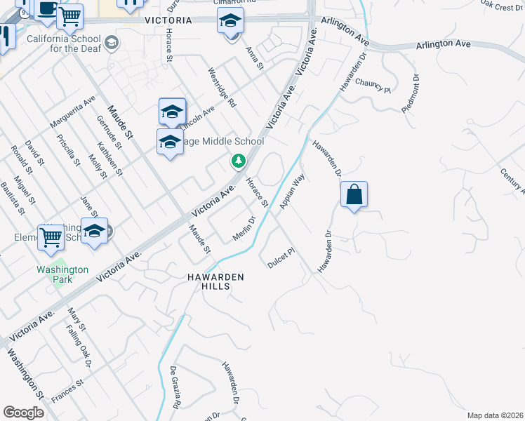 map of restaurants, bars, coffee shops, grocery stores, and more near 6360 Merlin Drive in Riverside