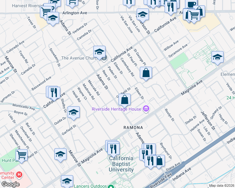 map of restaurants, bars, coffee shops, grocery stores, and more near 8273 Janis Street in Riverside