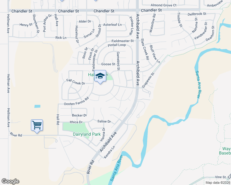 map of restaurants, bars, coffee shops, grocery stores, and more near 8329 Dew Drop Court in Corona