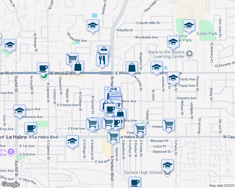 map of restaurants, bars, coffee shops, grocery stores, and more near in La Habra