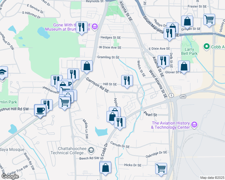 map of restaurants, bars, coffee shops, grocery stores, and more near 691 Appleton Drive Southeast in Marietta