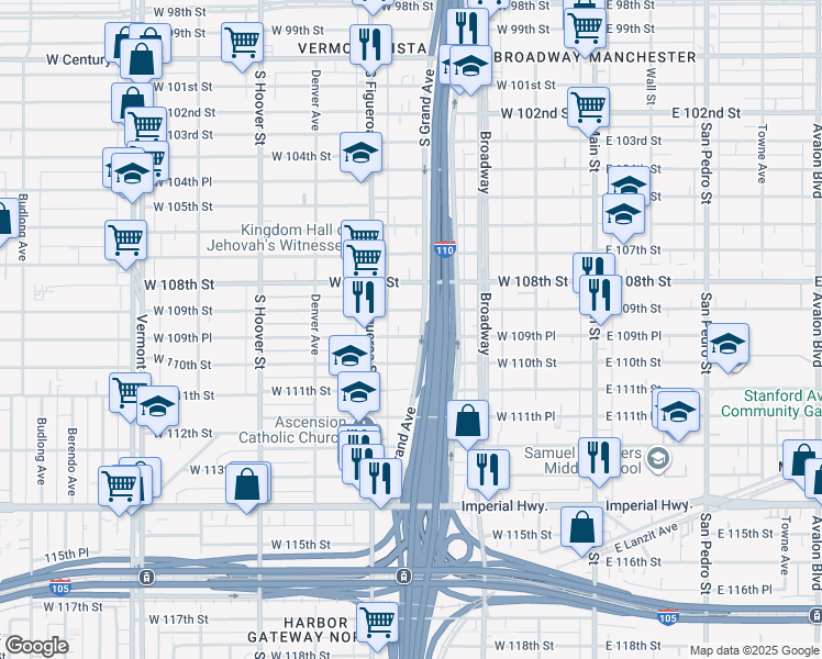 map of restaurants, bars, coffee shops, grocery stores, and more near 413 West 109th Place in Los Angeles