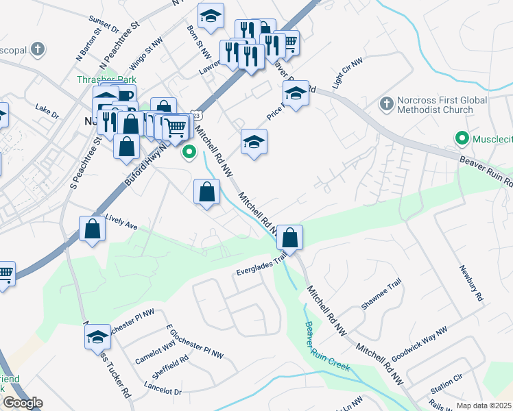 map of restaurants, bars, coffee shops, grocery stores, and more near 19 Garner Street Northwest in Norcross
