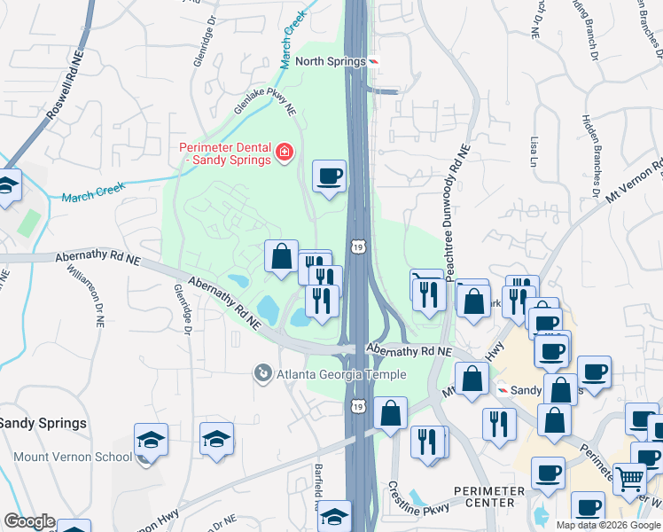 map of restaurants, bars, coffee shops, grocery stores, and more near 25 Glenlake Parkway Northeast in Sandy Springs