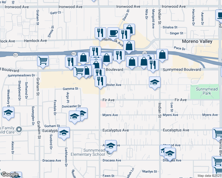 map of restaurants, bars, coffee shops, grocery stores, and more near 24093 Webster Avenue in Moreno Valley