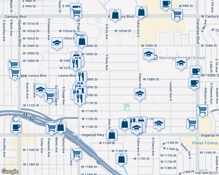 map of restaurants, bars, coffee shops, grocery stores, and more near West 109th Street & Doty Avenue in Inglewood