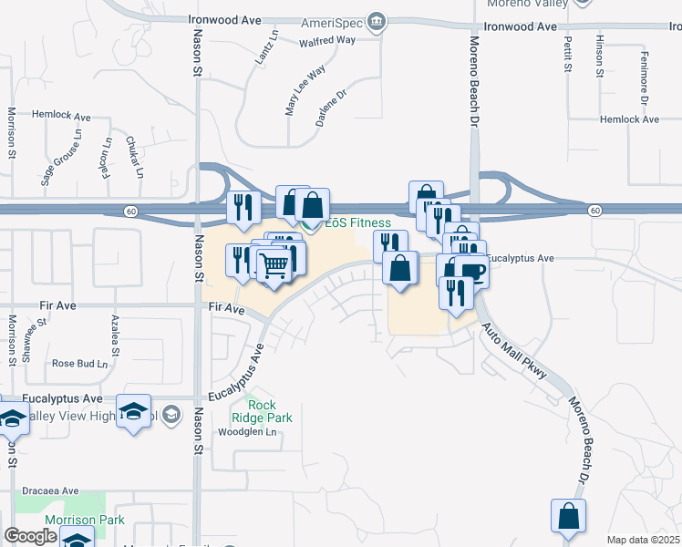 map of restaurants, bars, coffee shops, grocery stores, and more near 12682 Ironstone Way in Moreno Valley