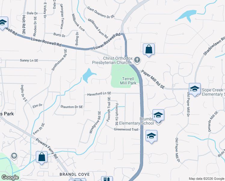 map of restaurants, bars, coffee shops, grocery stores, and more near 3007 Haverford Lane Southeast in Marietta