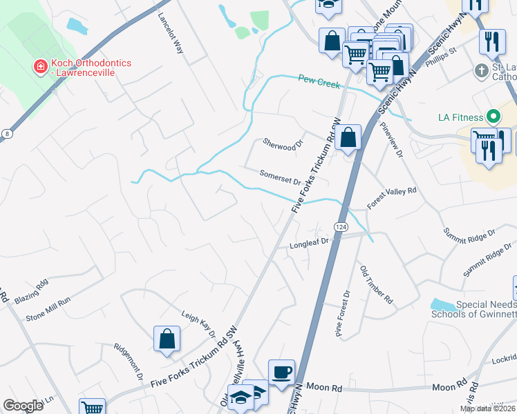 map of restaurants, bars, coffee shops, grocery stores, and more near 401 Sarah Lane in Lawrenceville