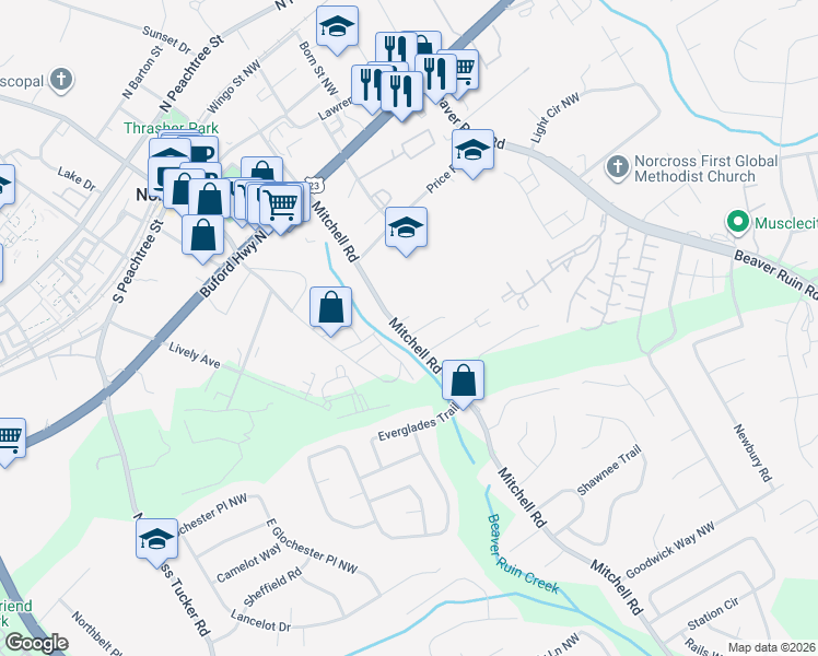 map of restaurants, bars, coffee shops, grocery stores, and more near 19 Garner Street Northwest in Norcross