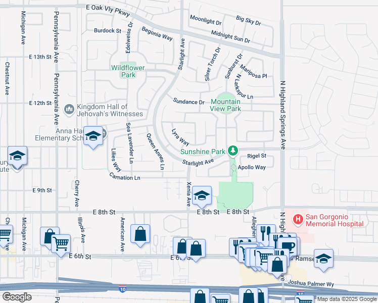 map of restaurants, bars, coffee shops, grocery stores, and more near 1462 Lyra Way in Beaumont