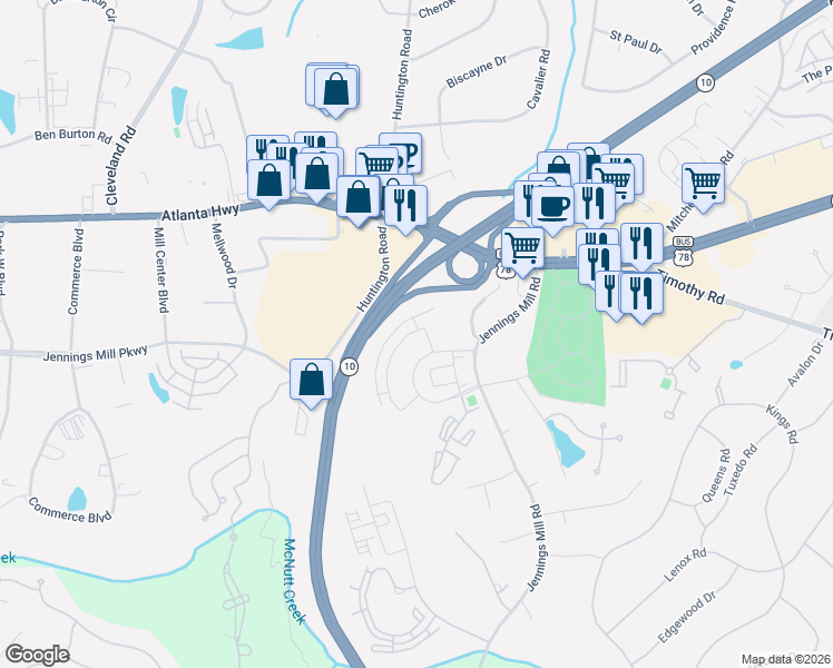 map of restaurants, bars, coffee shops, grocery stores, and more near 144 Jennings Mill Road in Athens