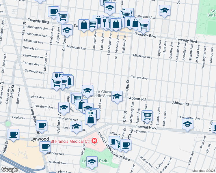 map of restaurants, bars, coffee shops, grocery stores, and more near 10500 San Miguel Avenue in South Gate