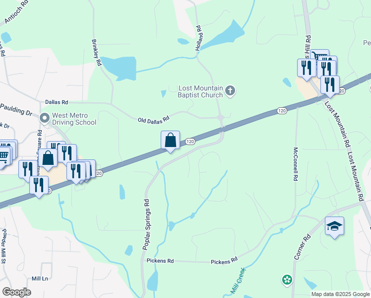 map of restaurants, bars, coffee shops, grocery stores, and more near 5565 Dallas Highway in Powder Springs