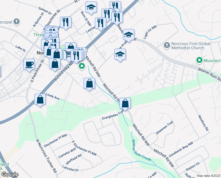 map of restaurants, bars, coffee shops, grocery stores, and more near 19 Garner Street Northwest in Norcross