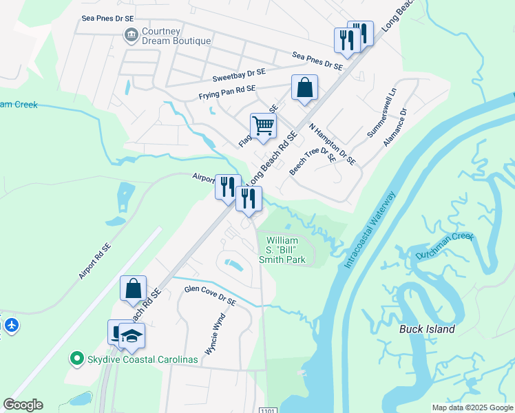 map of restaurants, bars, coffee shops, grocery stores, and more near 4370 Fish Factory Road Southeast in Southport