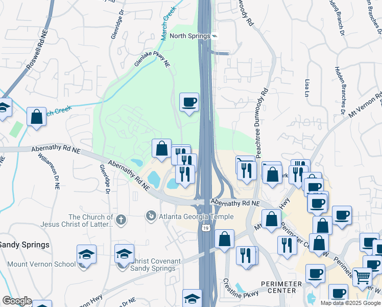 map of restaurants, bars, coffee shops, grocery stores, and more near 25 Glenlake Parkway Northeast in Sandy Springs