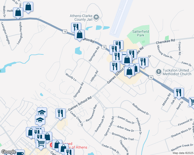 map of restaurants, bars, coffee shops, grocery stores, and more near 201 Hilltop Road in Athens