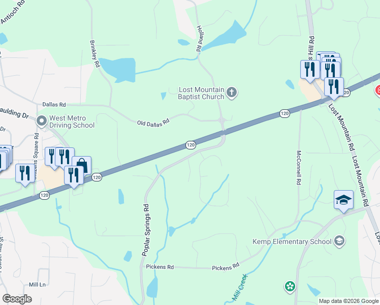 map of restaurants, bars, coffee shops, grocery stores, and more near 730 Poplar Springs Road in Powder Springs