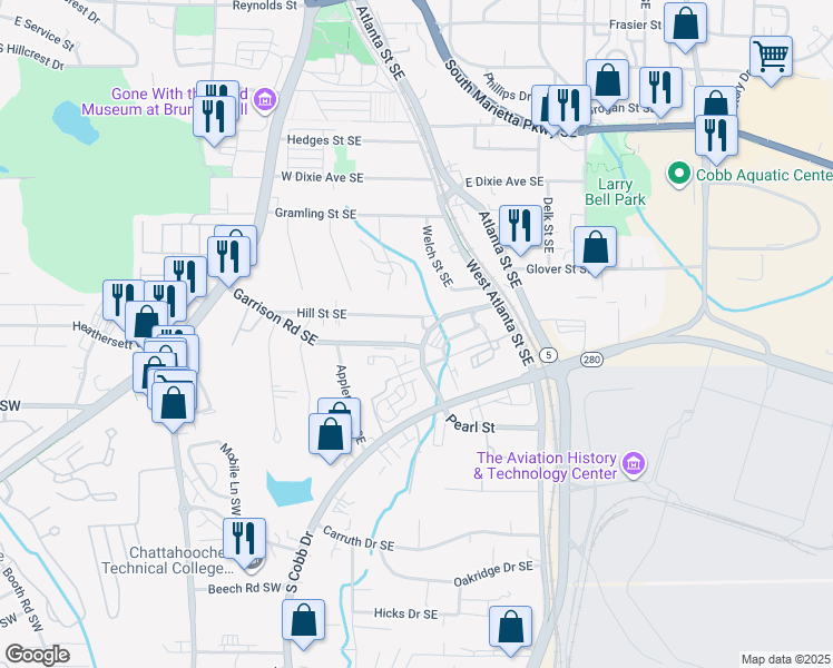 map of restaurants, bars, coffee shops, grocery stores, and more near 237 Hill Street Southeast in Marietta